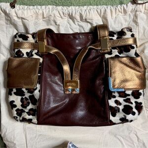 Michael Kors Beverly Drawstring Satchel – Mocha Leopard & Metallic Gold – NWT